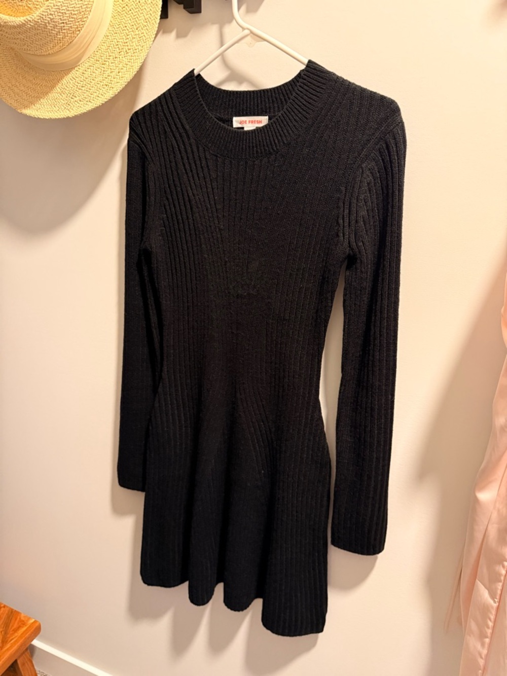 Joe Fresh Black Ribbed Long-Sleeve Knit Fit-and-Flare Dress